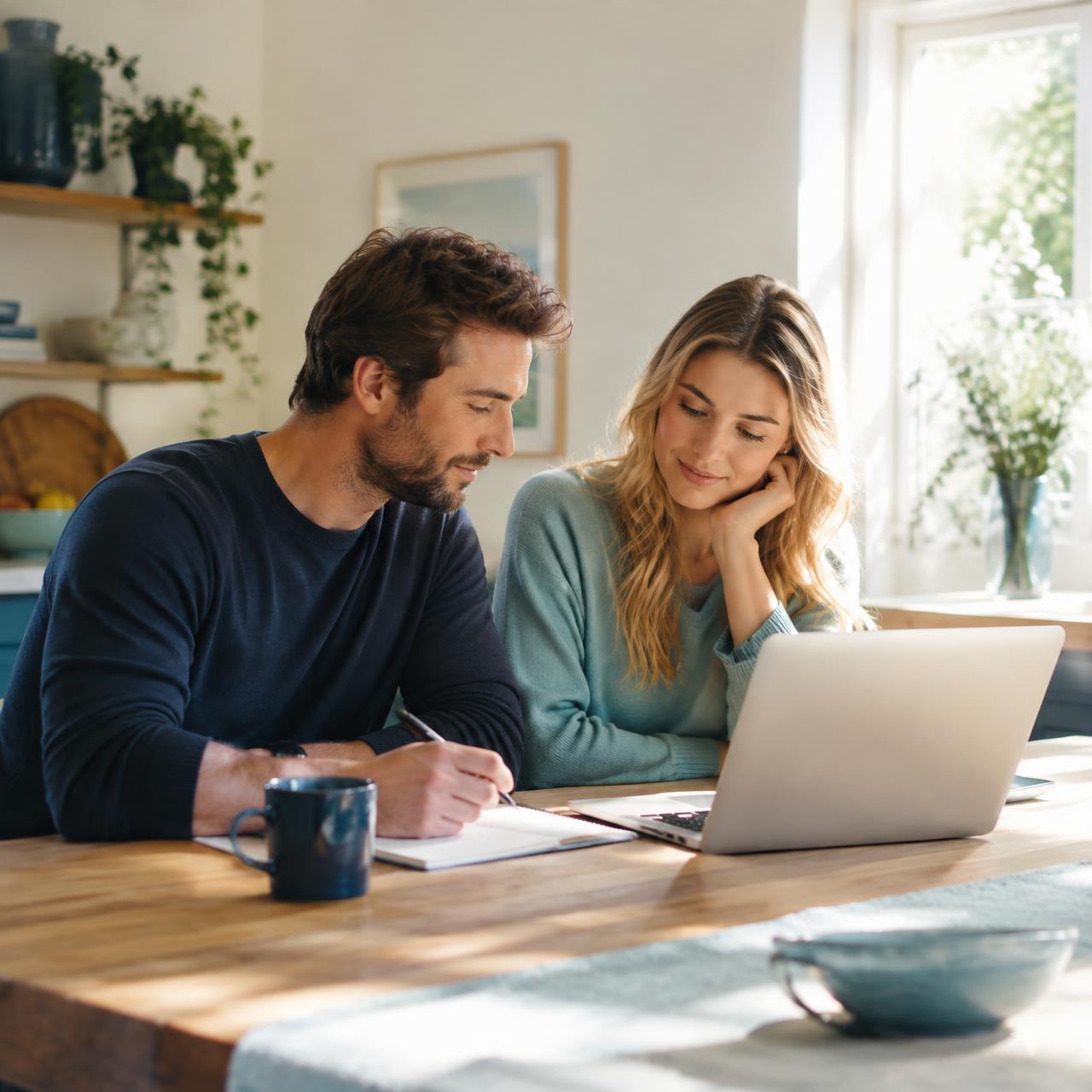 A couple reviewing their finances together at the kitchen table